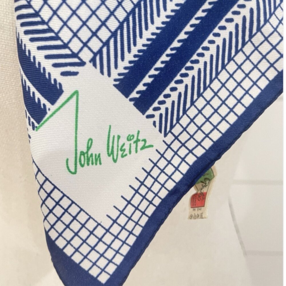1960’s John Weitz Blue White Square Scarf 22 X 23” - Picture 2 of 6